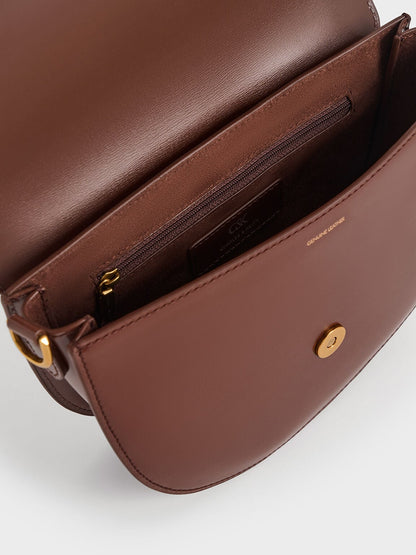 CHARLES & KEITH Everyday / Gabine Leather Saddle Bag - Dark Brown
