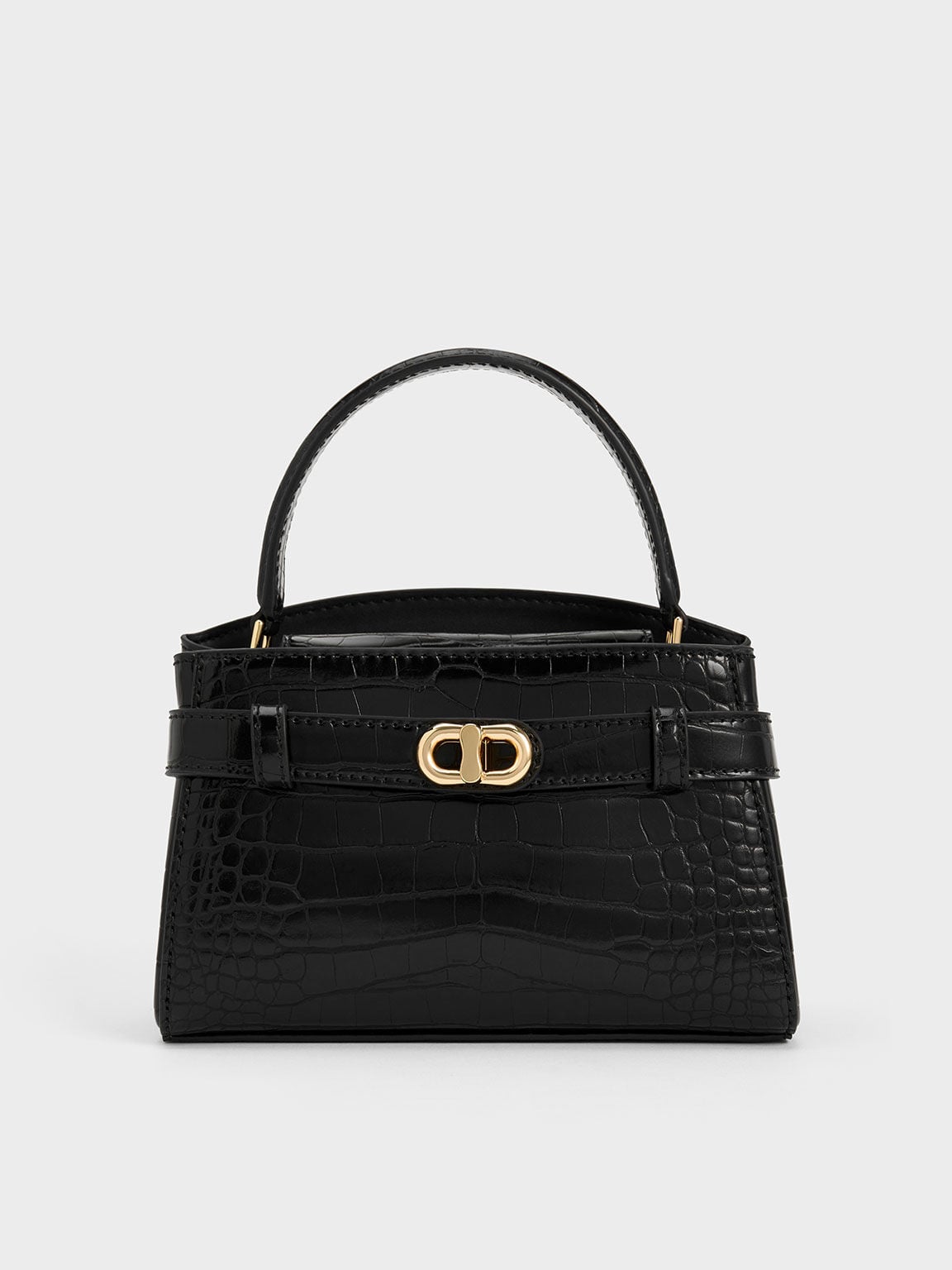 CHARLES & KEITH Recommended / Aubrielle Croc-Effect Belted Top Handle Bag - Black
