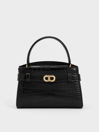 CHARLES & KEITH Recommended / Aubrielle Croc-Effect Belted Top Handle Bag - Black
