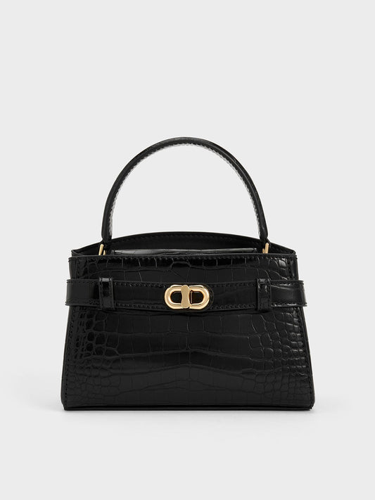 CHARLES & KEITH Recommended / Aubrielle Croc-Effect Belted Top Handle Bag - Black