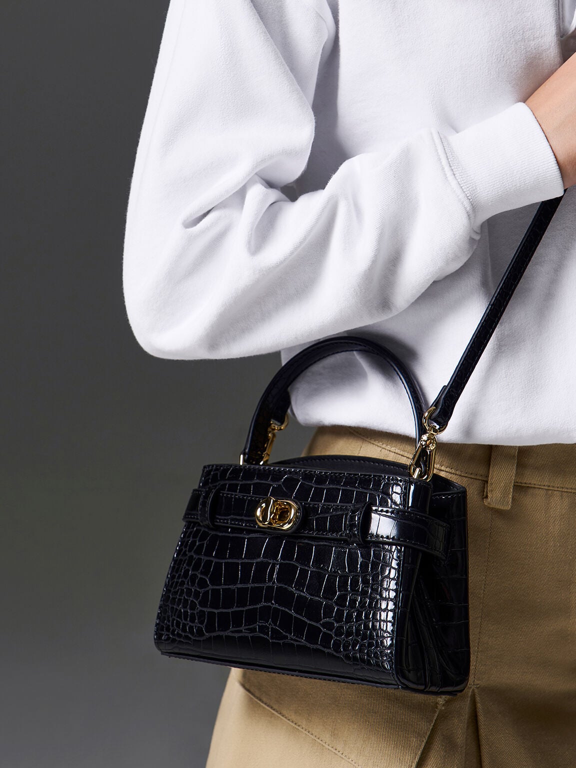 CHARLES & KEITH Recommended / Aubrielle Croc-Effect Belted Top Handle Bag - Black