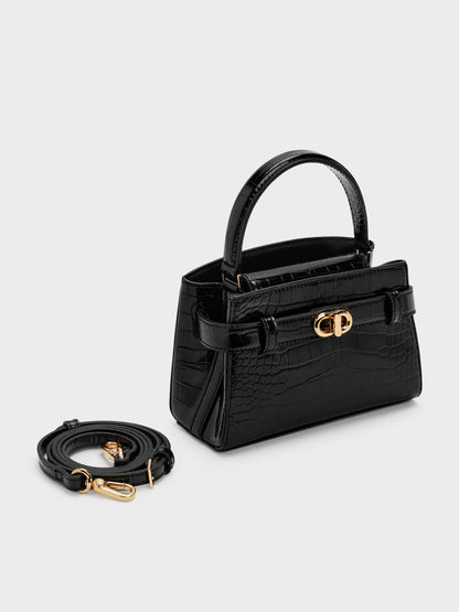 CHARLES & KEITH Recommended / Aubrielle Croc-Effect Belted Top Handle Bag - Black