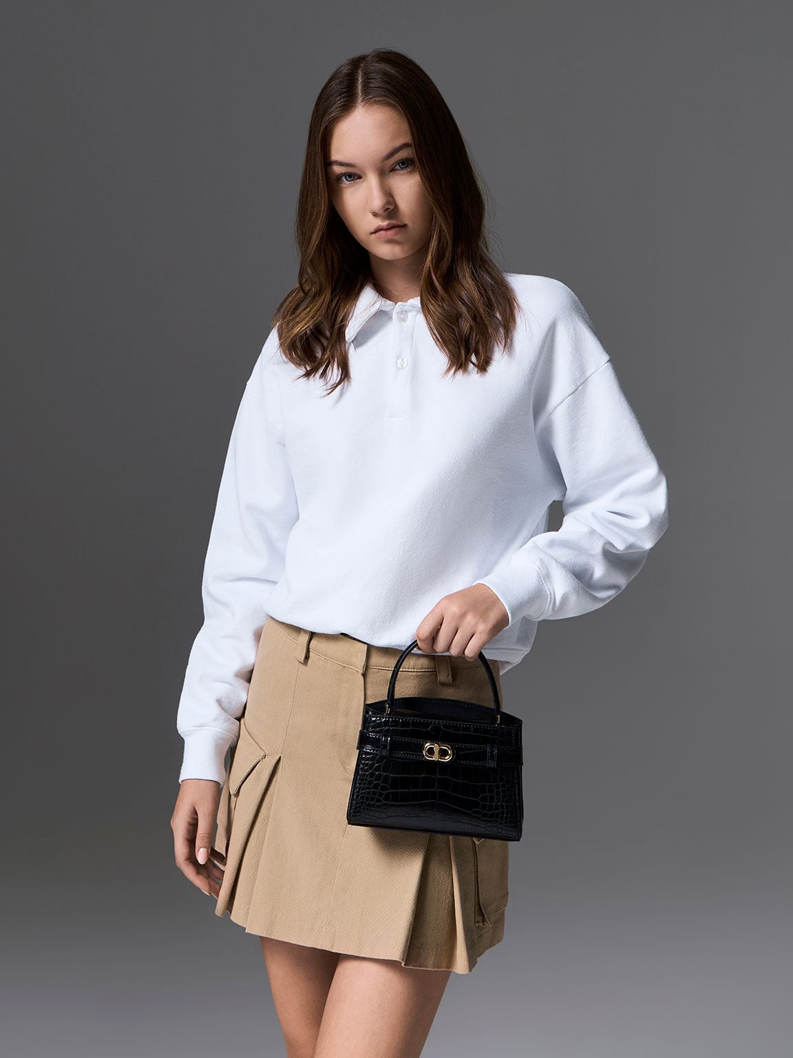 CHARLES & KEITH Recommended / Aubrielle Croc-Effect Belted Top Handle Bag - Black
