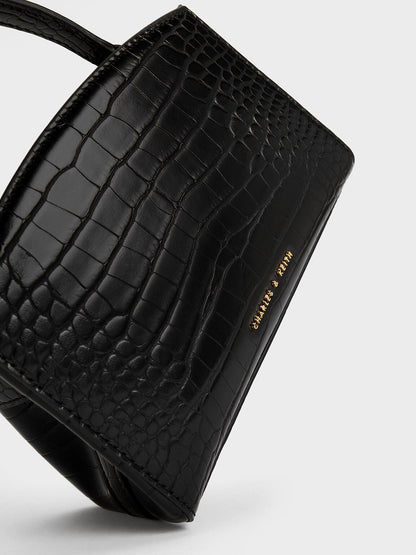 CHARLES & KEITH Recommended / Aubrielle Croc-Effect Belted Top Handle Bag - Black