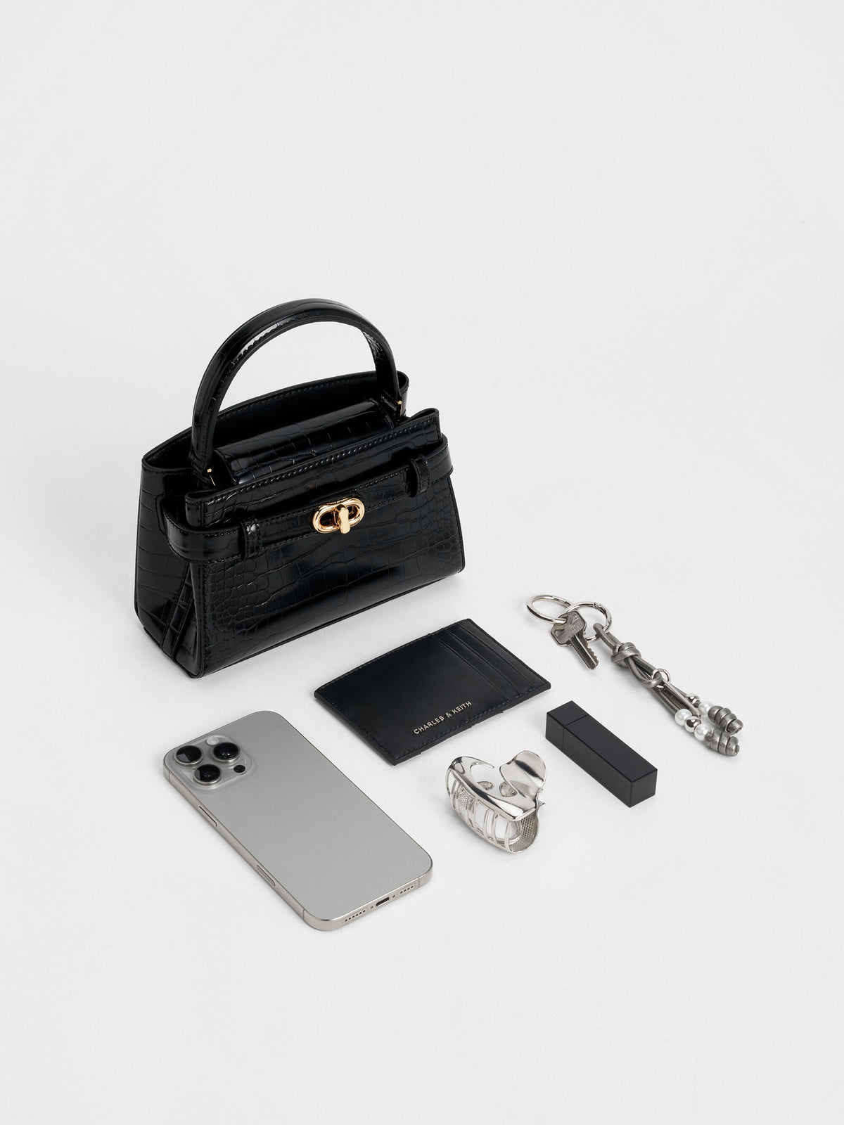 CHARLES & KEITH Recommended / Aubrielle Croc-Effect Belted Top Handle Bag - Black