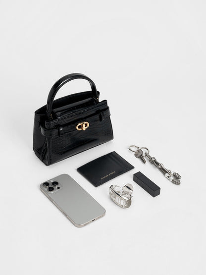 CHARLES & KEITH Recommended / Aubrielle Croc-Effect Belted Top Handle Bag - Black