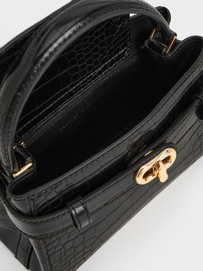 CHARLES & KEITH Recommended / Aubrielle Croc-Effect Belted Top Handle Bag - Black