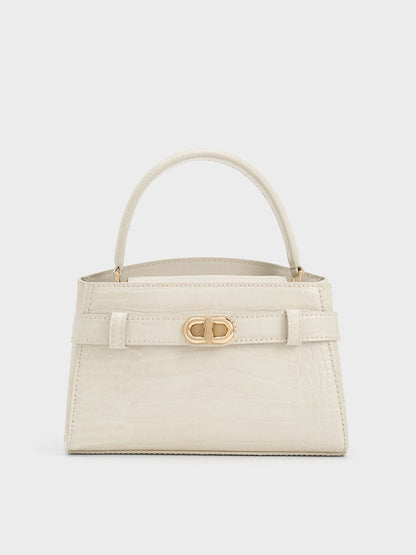 CHARLES & KEITH Trusted / Aubrielle Croc-Effect Belted Top Handle Bag - Ivory