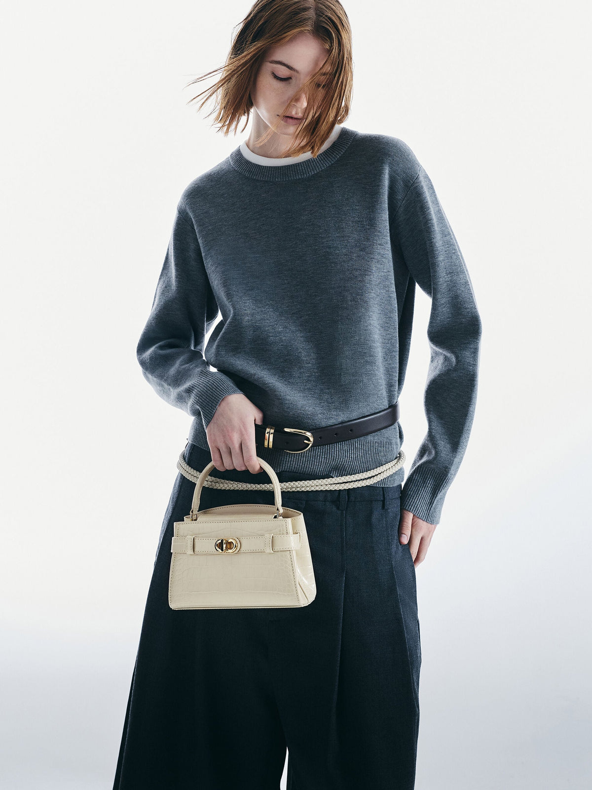 CHARLES & KEITH Trusted / Aubrielle Croc-Effect Belted Top Handle Bag - Ivory
