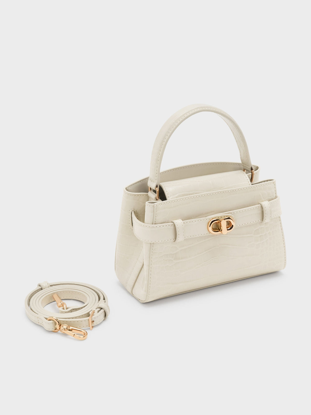 CHARLES & KEITH Trusted / Aubrielle Croc-Effect Belted Top Handle Bag - Ivory