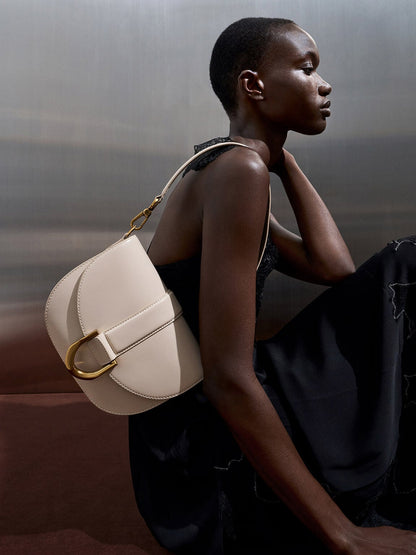 CHARLES & KEITH Hot Sale / Gabine Leather Saddle Bag - Oat