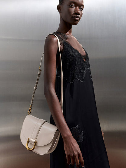 CHARLES & KEITH Hot Sale / Gabine Leather Saddle Bag - Oat