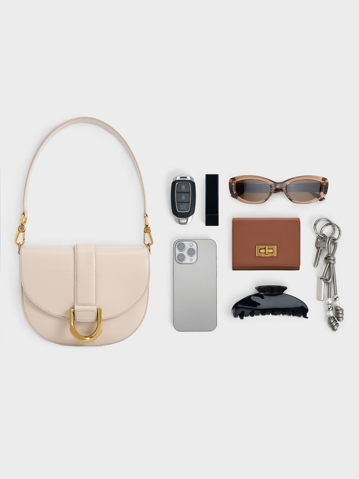 CHARLES & KEITH Hot Sale / Gabine Leather Saddle Bag - Oat
