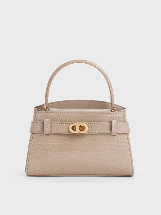 CHARLES & KEITH Best Seller / Aubrielle Croc-Effect Belted Top Handle Bag - Taupe