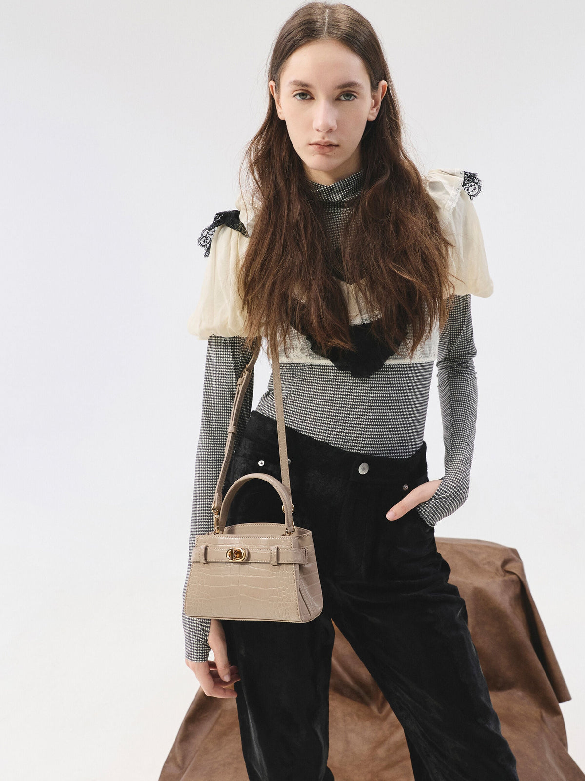 CHARLES & KEITH Best Seller / Aubrielle Croc-Effect Belted Top Handle Bag - Taupe