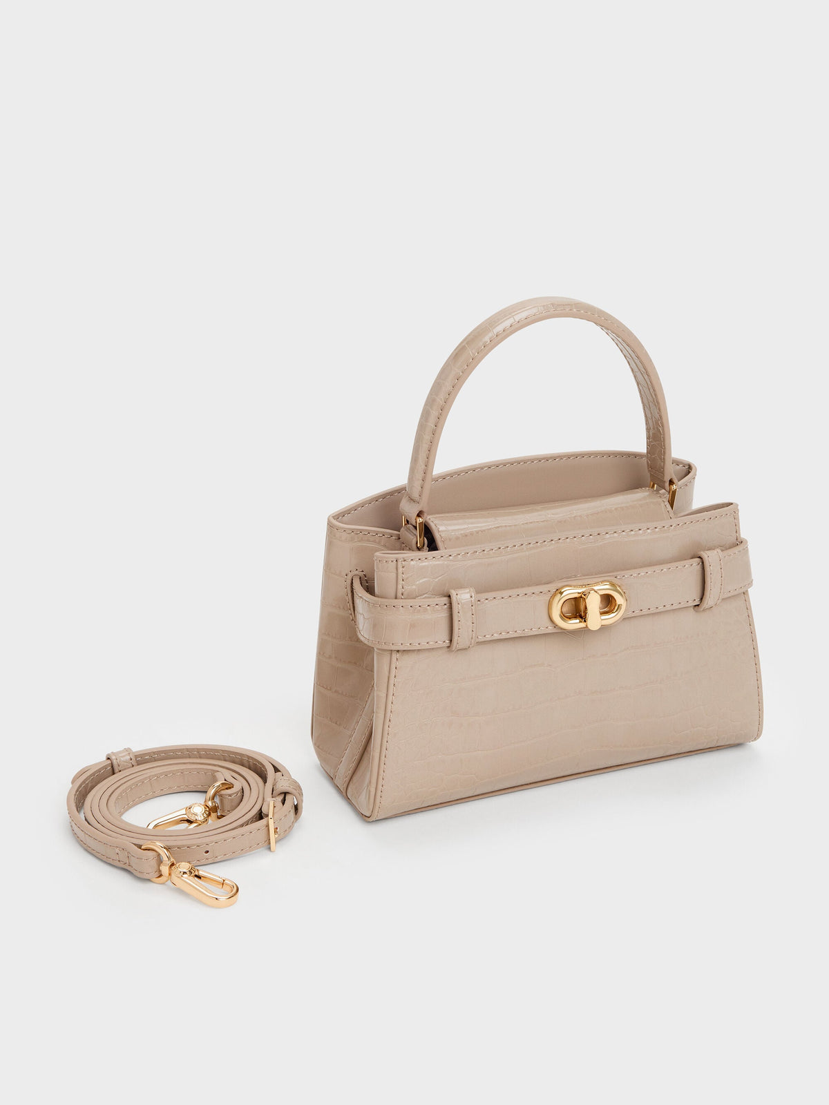 CHARLES & KEITH Best Seller / Aubrielle Croc-Effect Belted Top Handle Bag - Taupe