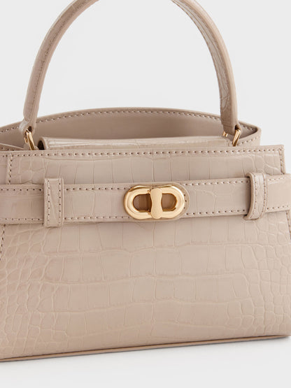 CHARLES & KEITH Best Seller / Aubrielle Croc-Effect Belted Top Handle Bag - Taupe