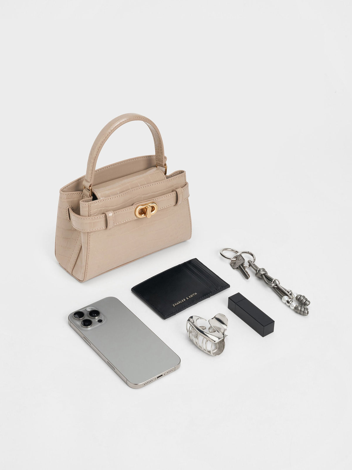 CHARLES & KEITH Best Seller / Aubrielle Croc-Effect Belted Top Handle Bag - Taupe