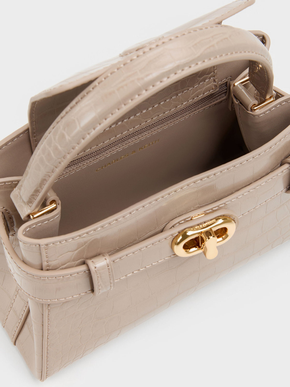 CHARLES & KEITH Best Seller / Aubrielle Croc-Effect Belted Top Handle Bag - Taupe