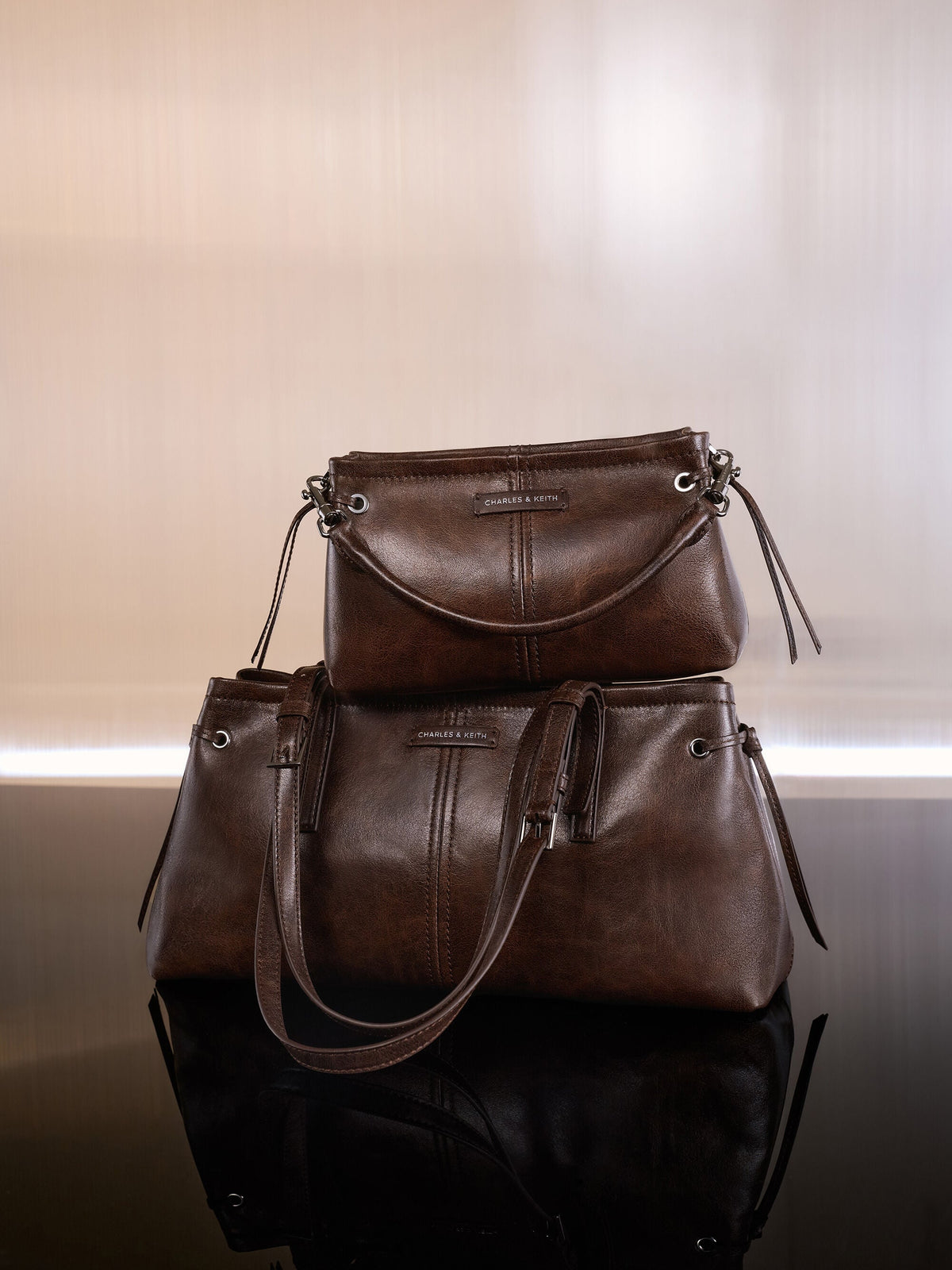 CHARLES & KEITH Classic / Noane Top Handle Bag - Distressed Coffee