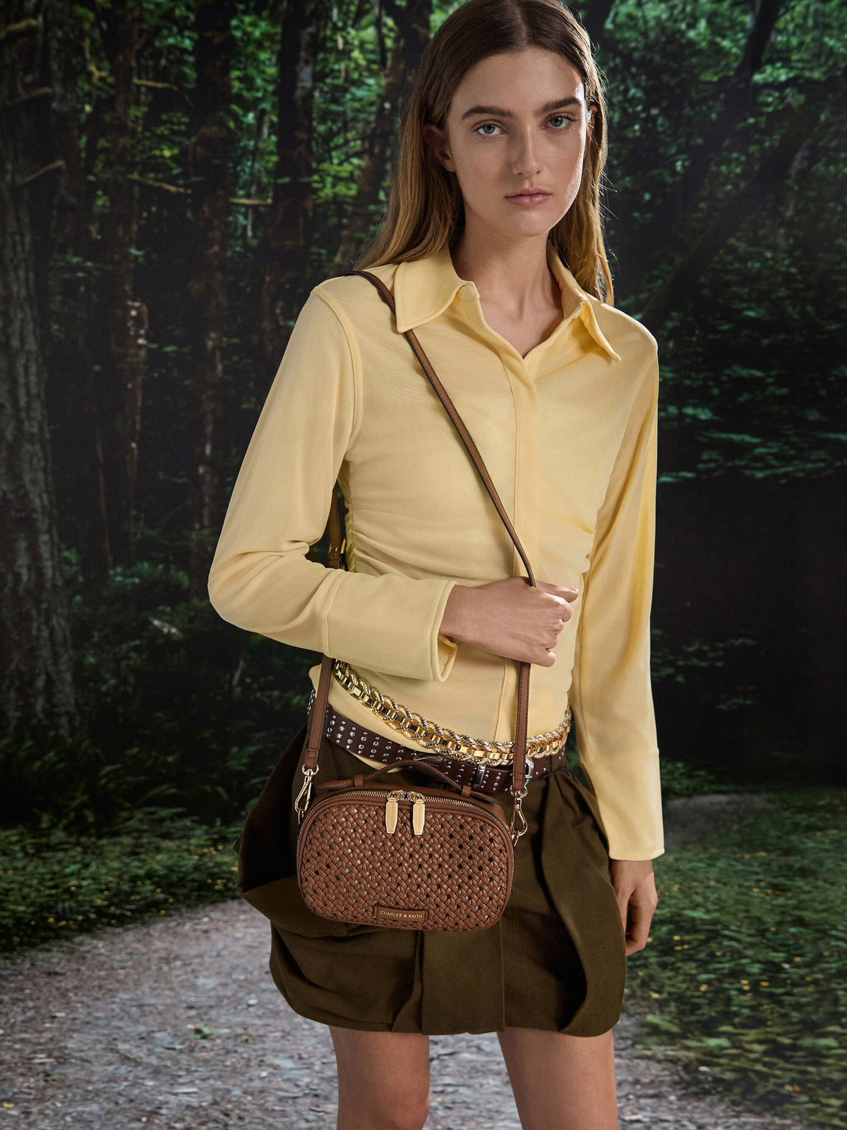 CHARLES & KEITH Classic / Azure Woven Crossbody Bag - Chocolate