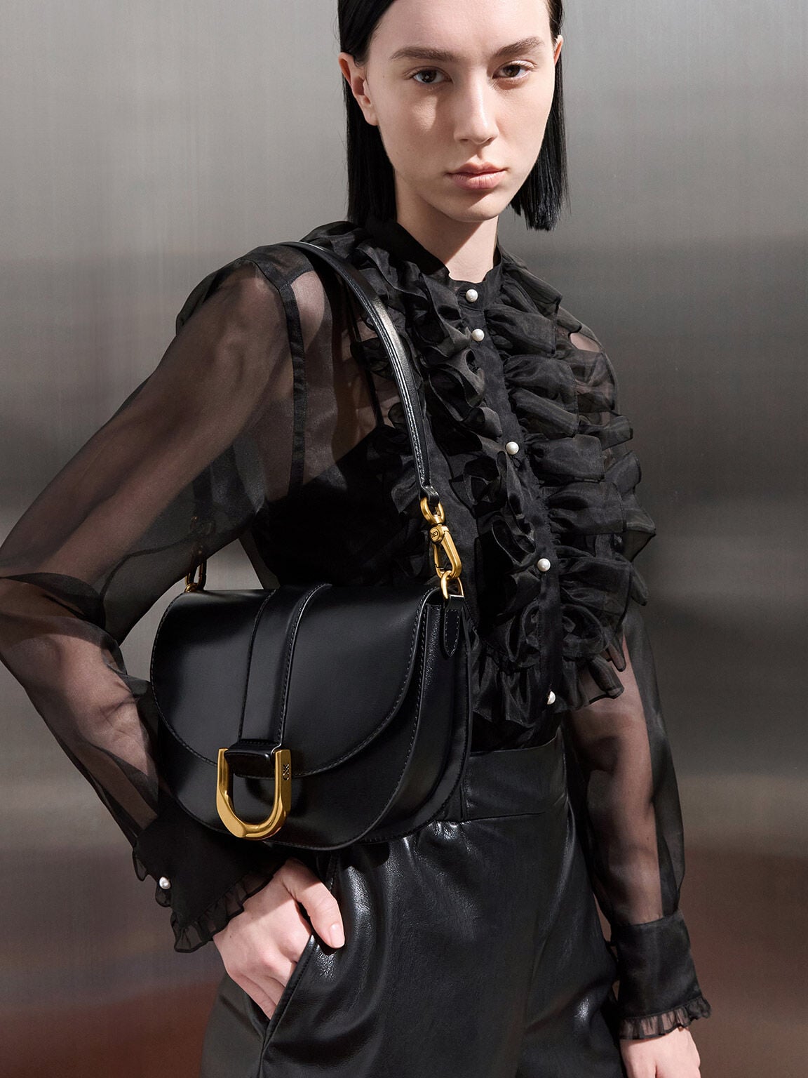 CHARLES & KEITH Quality / Gabine Leather Saddle Bag - Black