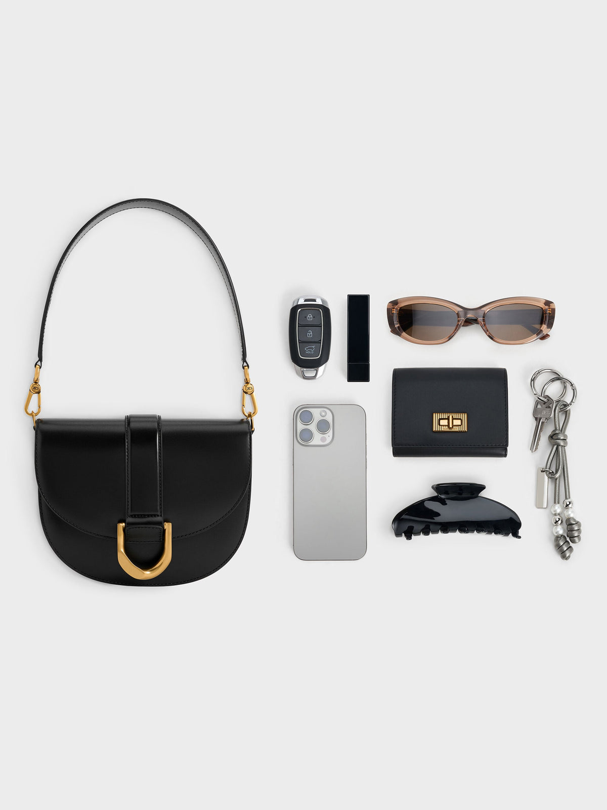 CHARLES & KEITH Quality / Gabine Leather Saddle Bag - Black