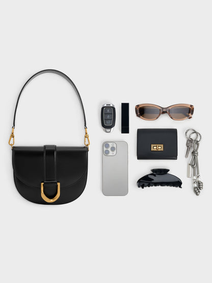 CHARLES & KEITH Quality / Gabine Leather Saddle Bag - Black