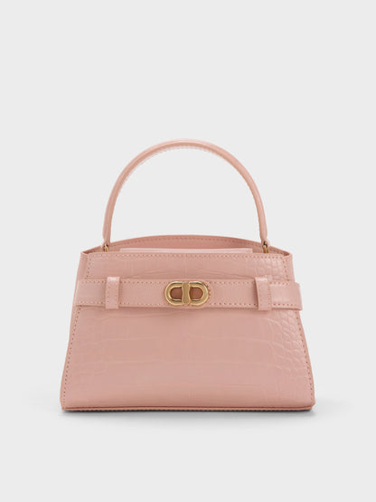 CHARLES & KEITH Signature / Aubrielle Croc-Effect Belted Top Handle Bag - Light Pink