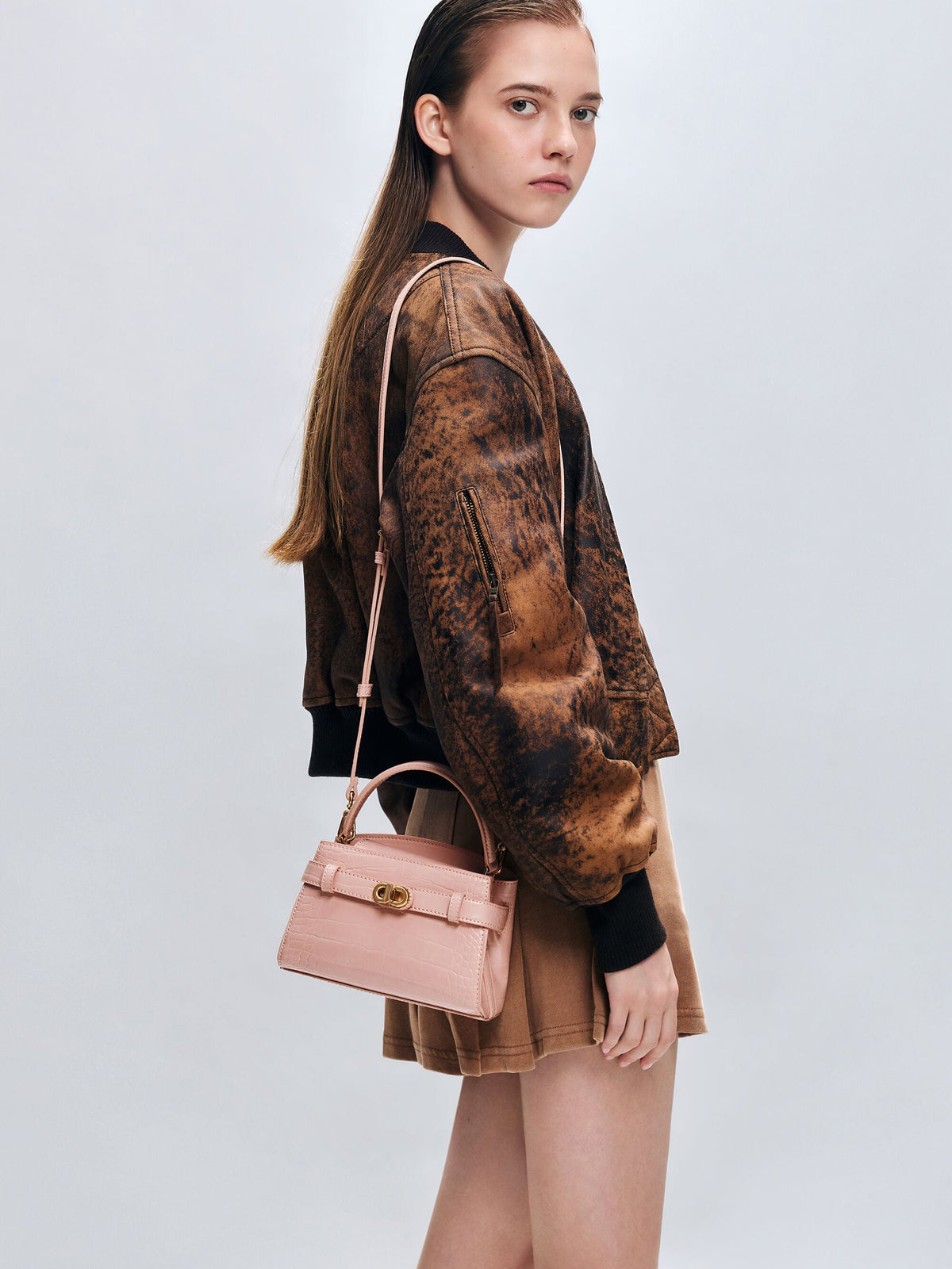CHARLES & KEITH Signature / Aubrielle Croc-Effect Belted Top Handle Bag - Light Pink