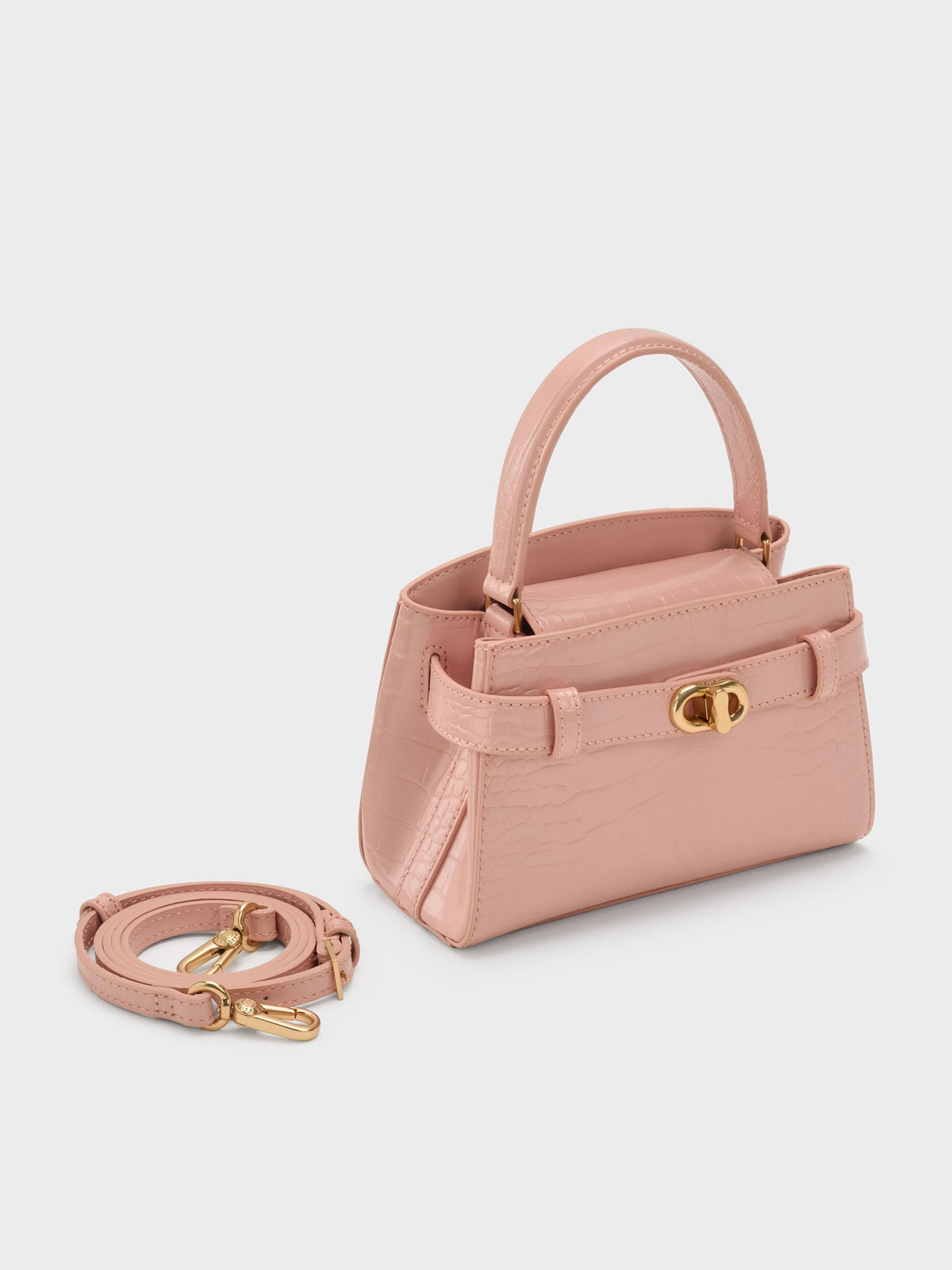 CHARLES & KEITH Signature / Aubrielle Croc-Effect Belted Top Handle Bag - Light Pink