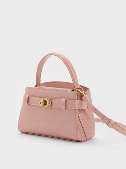 CHARLES & KEITH Signature / Aubrielle Croc-Effect Belted Top Handle Bag - Light Pink