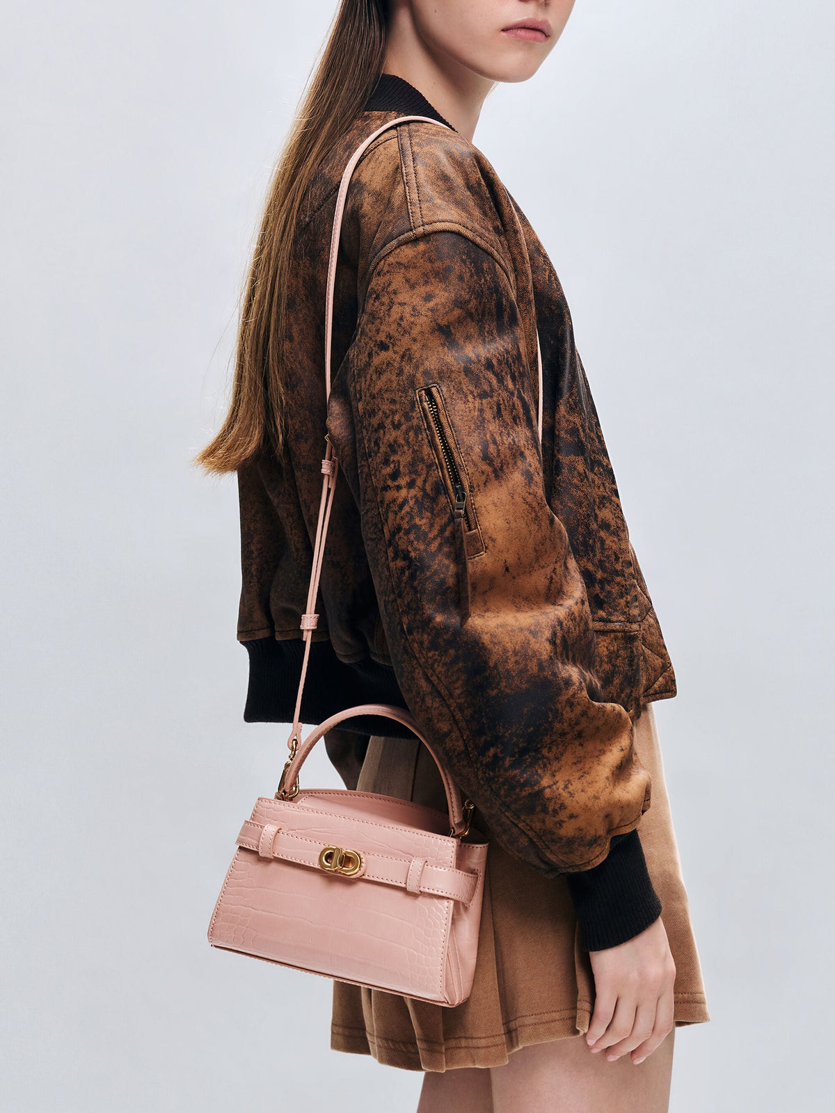 CHARLES & KEITH Signature / Aubrielle Croc-Effect Belted Top Handle Bag - Light Pink