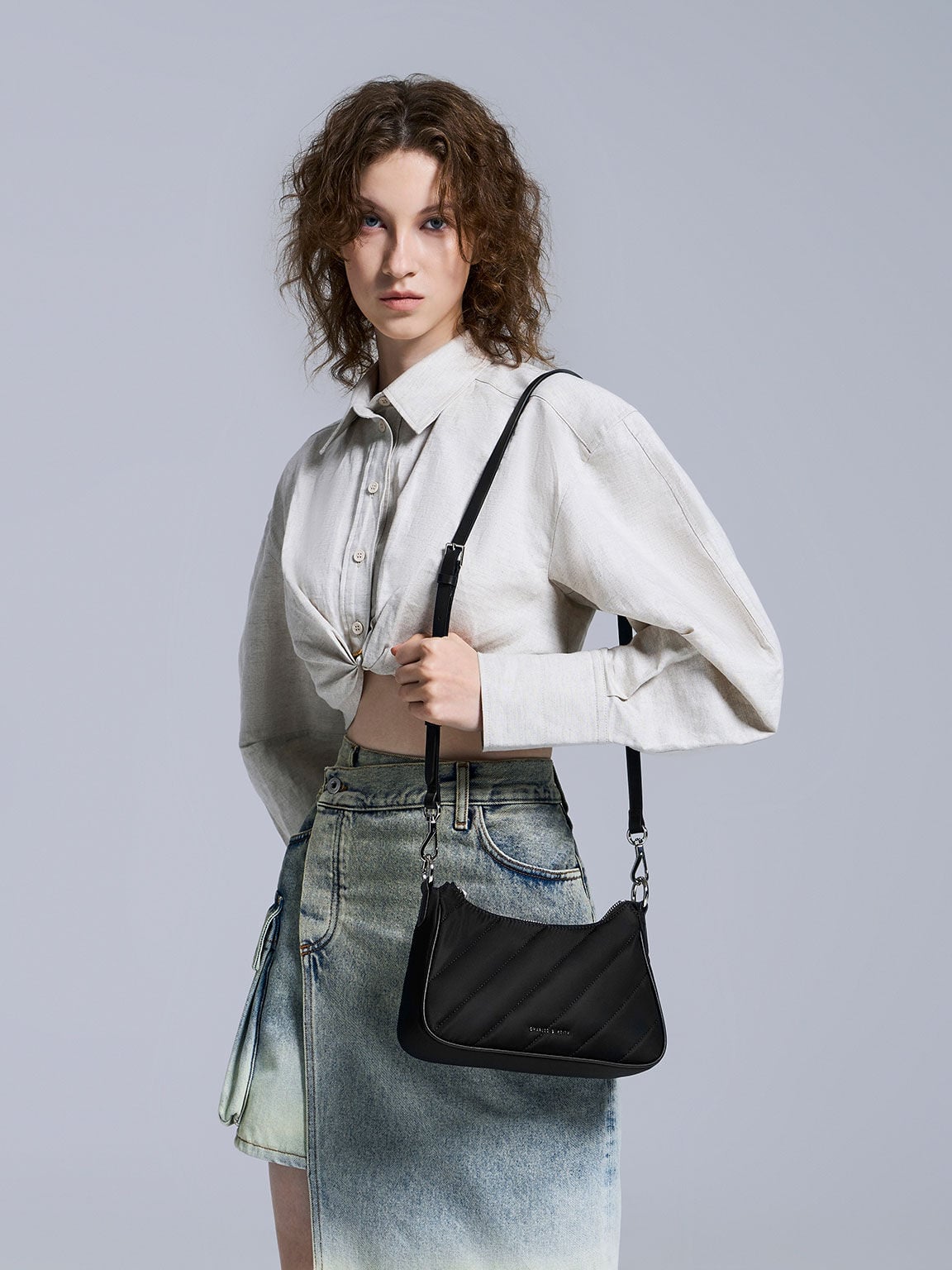 CHARLES & KEITH Great Value / Philomena Nylon Puffy Chain-Strap Crossbody Bag - Noir