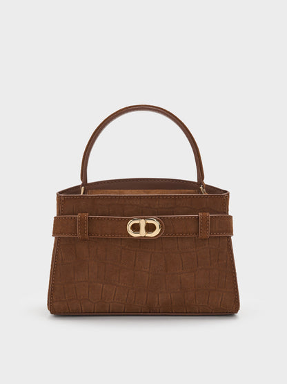 CHARLES & KEITH Special Offer / Aubrielle Croc-Effect Belted Top Handle Bag - Chocolate