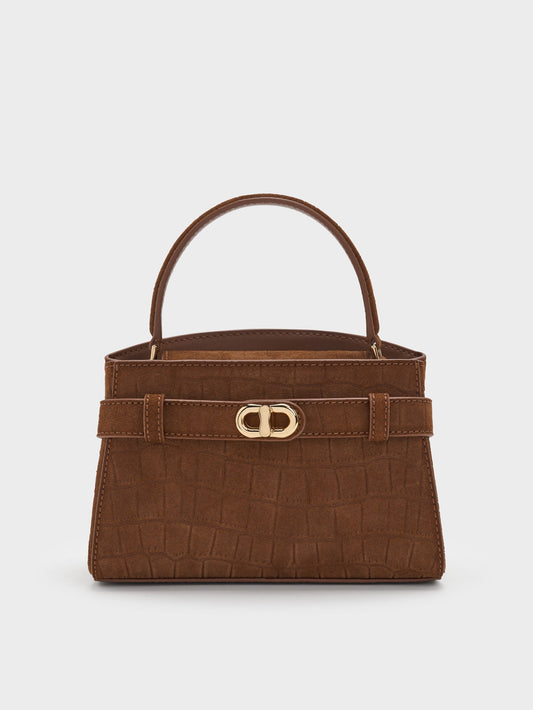 CHARLES & KEITH Special Offer / Aubrielle Croc-Effect Belted Top Handle Bag - Chocolate