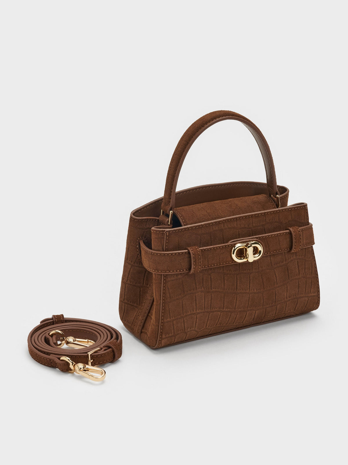 CHARLES & KEITH Special Offer / Aubrielle Croc-Effect Belted Top Handle Bag - Chocolate
