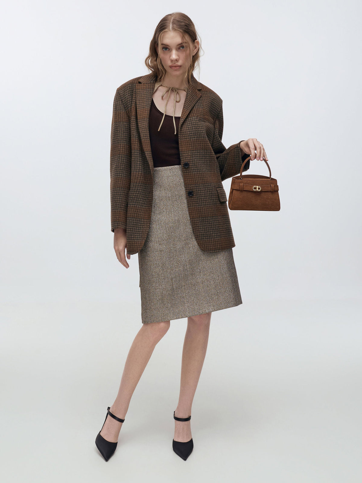 CHARLES & KEITH Special Offer / Aubrielle Croc-Effect Belted Top Handle Bag - Chocolate