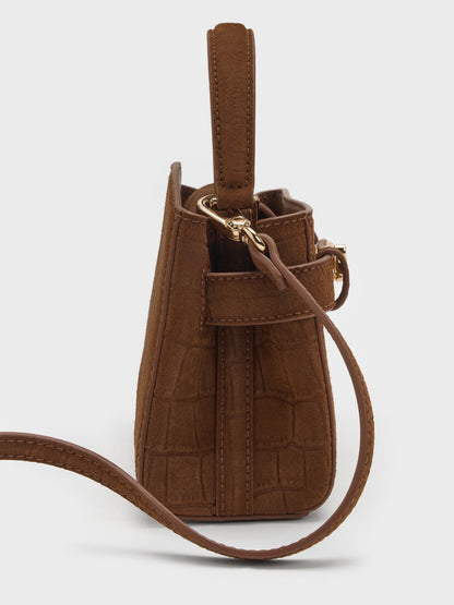 CHARLES & KEITH Special Offer / Aubrielle Croc-Effect Belted Top Handle Bag - Chocolate