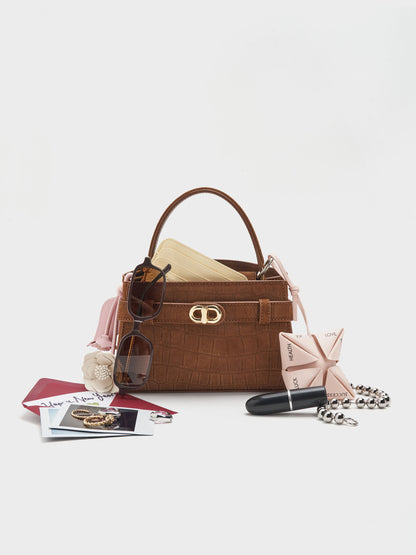 CHARLES & KEITH Special Offer / Aubrielle Croc-Effect Belted Top Handle Bag - Chocolate