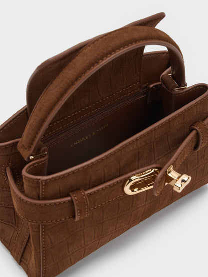 CHARLES & KEITH Special Offer / Aubrielle Croc-Effect Belted Top Handle Bag - Chocolate