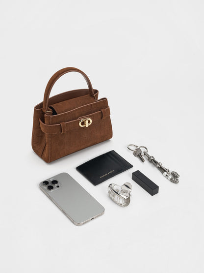 CHARLES & KEITH Special Offer / Aubrielle Croc-Effect Belted Top Handle Bag - Chocolate