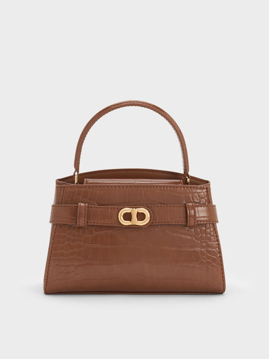 CHARLES & KEITH Signature / Aubrielle Croc-Effect Belted Top Handle Bag - Chocolate Croco