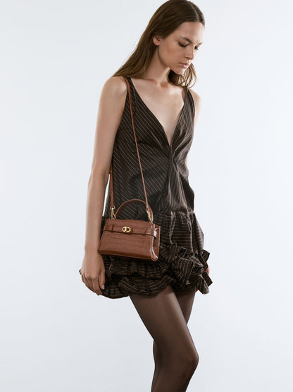 CHARLES & KEITH Signature / Aubrielle Croc-Effect Belted Top Handle Bag - Chocolate Croco
