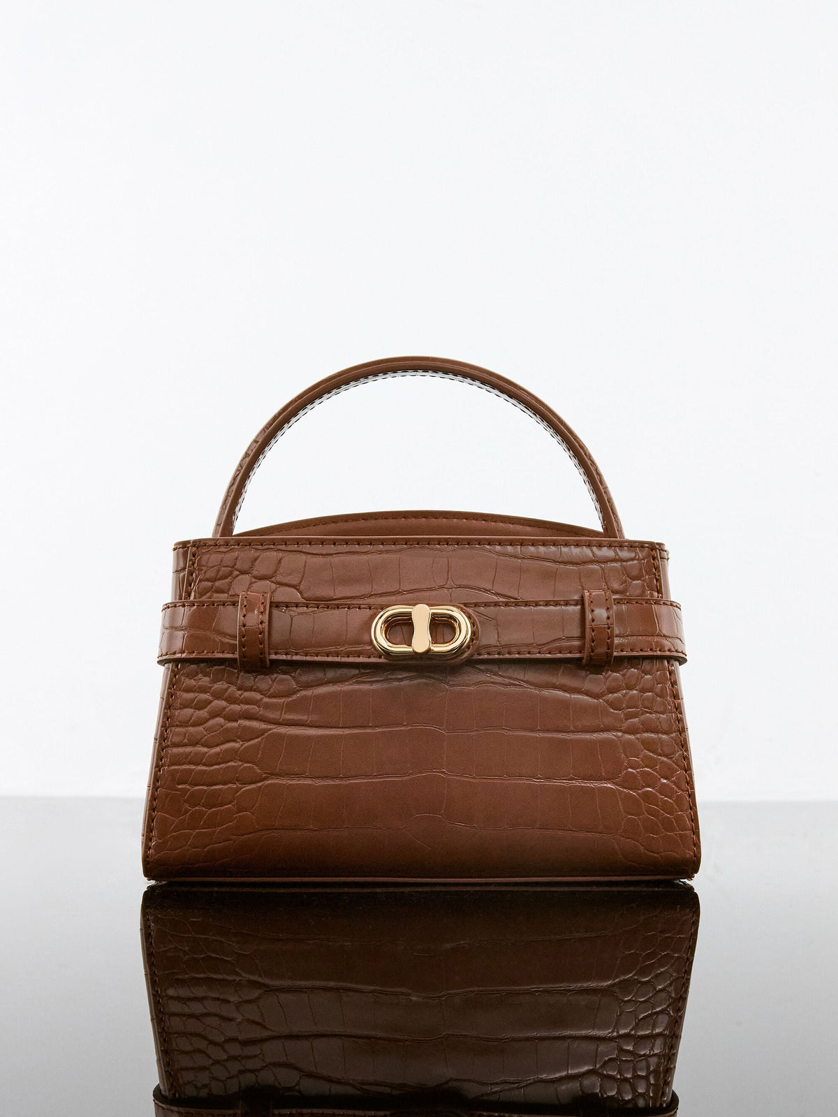 CHARLES & KEITH Signature / Aubrielle Croc-Effect Belted Top Handle Bag - Chocolate Croco