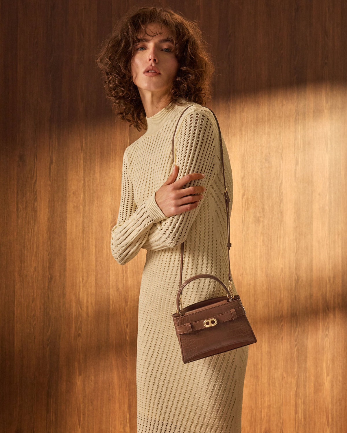 CHARLES & KEITH Signature / Aubrielle Croc-Effect Belted Top Handle Bag - Chocolate Croco