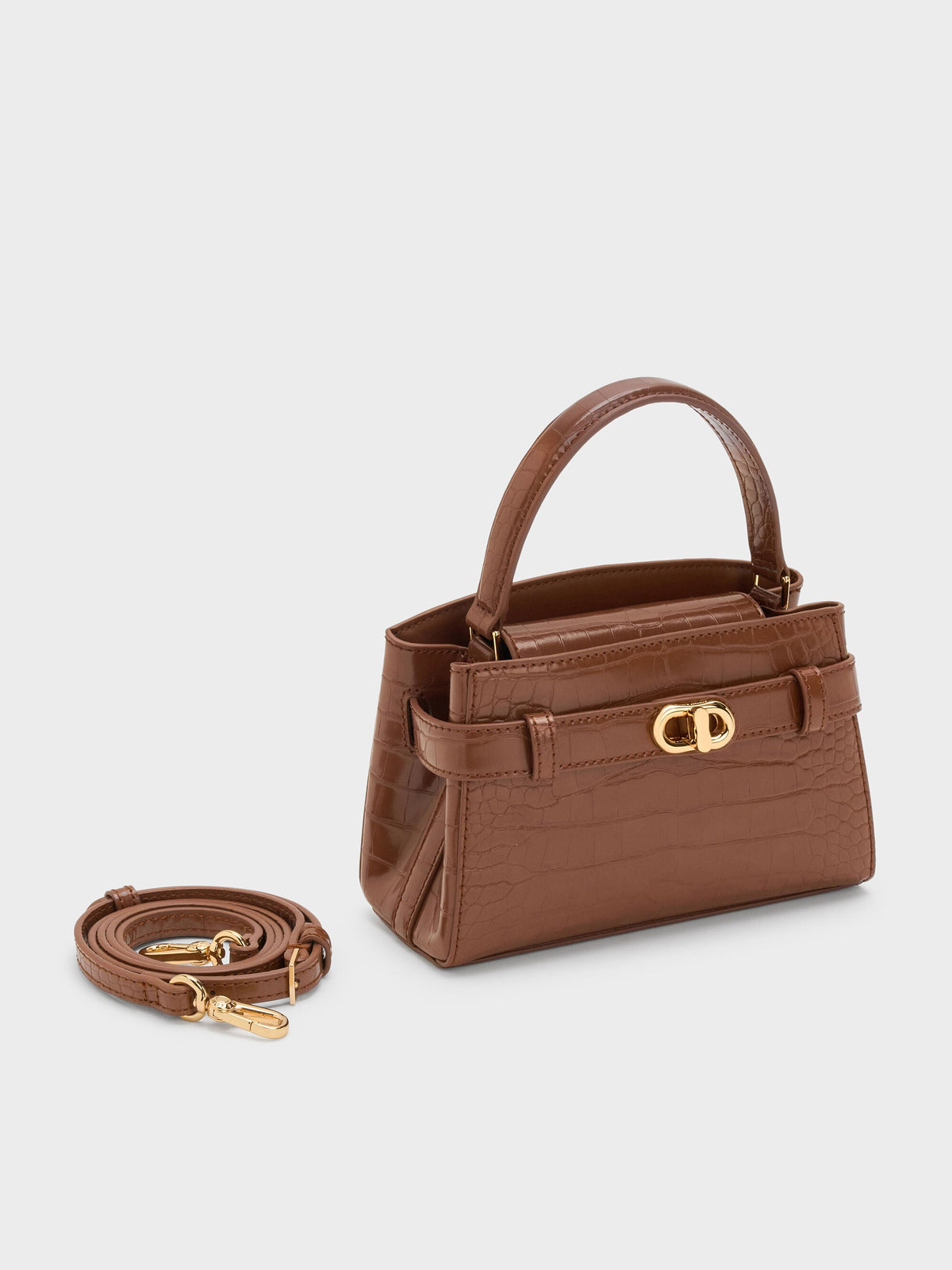 CHARLES & KEITH Signature / Aubrielle Croc-Effect Belted Top Handle Bag - Chocolate Croco