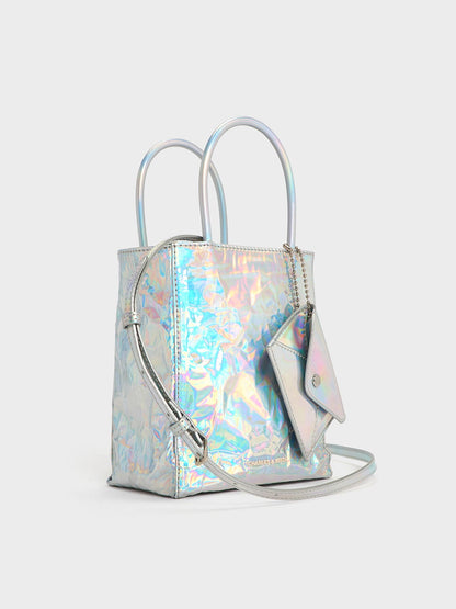 CHARLES & KEITH Trending / Matina Holographic Crinkle-Effect Tote Bag - Prism Silver