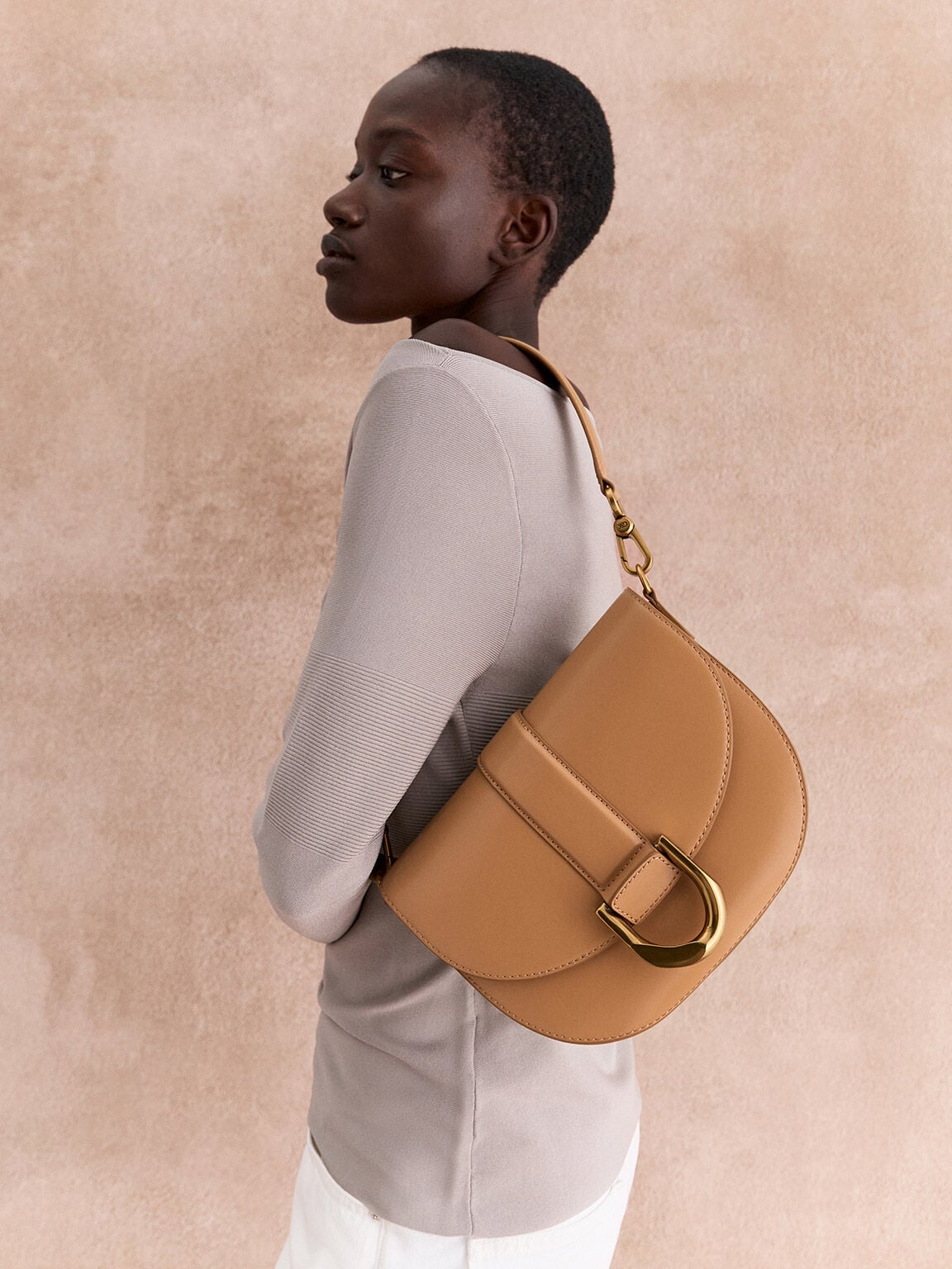 CHARLES & KEITH Best Price / Gabine Leather Saddle Bag - Toffee