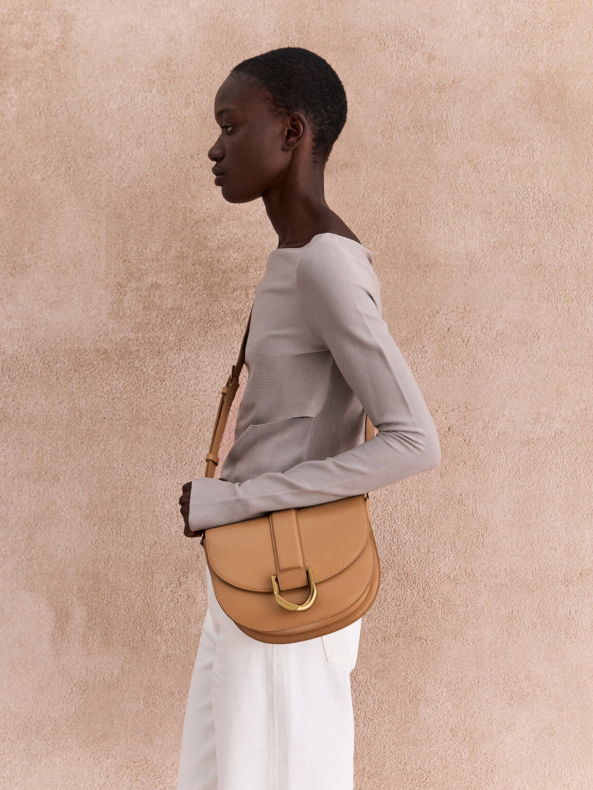 CHARLES & KEITH Best Price / Gabine Leather Saddle Bag - Toffee